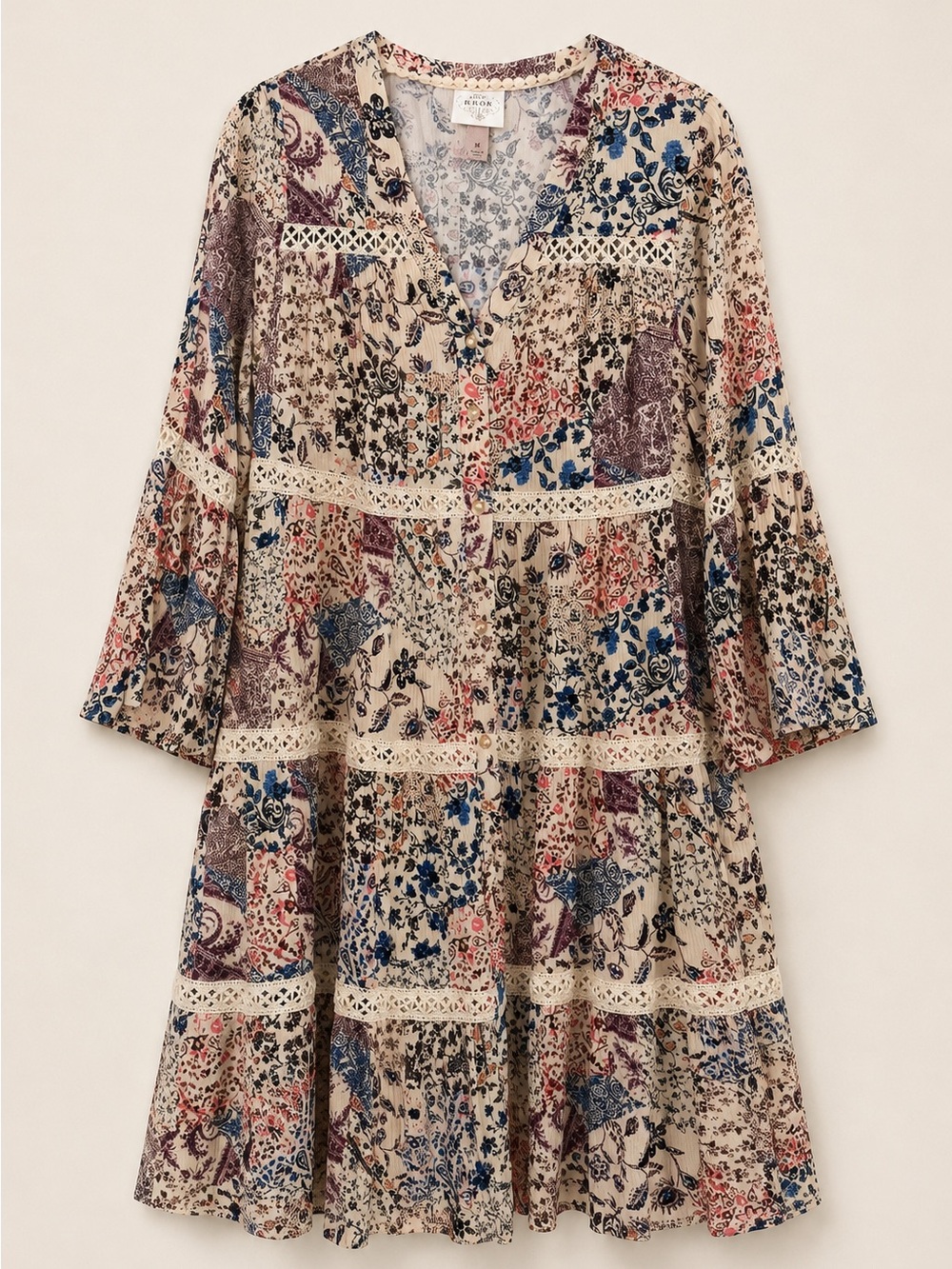 Knox Rose Boho Patchwork Floral Tiered Dress Medium